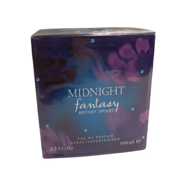 "Perfume Midnight Fantasy de Britney Spears, frasco azul con aroma dulce y floral, 100ml."