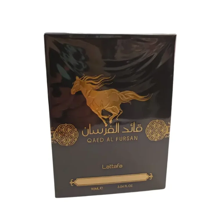 "Perfume Qaed Al Fursan para hombre, frasco negro con aroma especiado y oud, 90ml, Lattafa."