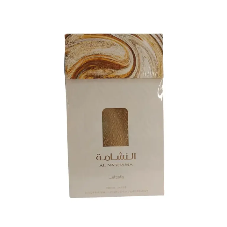 "Perfume Al Nashama unisex, frasco dorado con aroma a oud y rosas, 100ml, Lattafa."