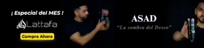 "Oferta especial del mes: Perfume ASAD 'La sombra del Deseo' de Lattafa Boutique. Botón 'Compra Ahora' destacado."