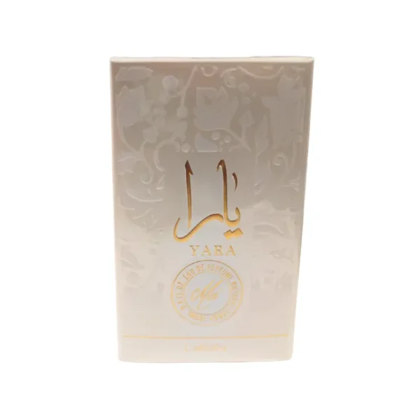 Perfume Lattafa Yara Moi, frasco rosa con detalles dorados.