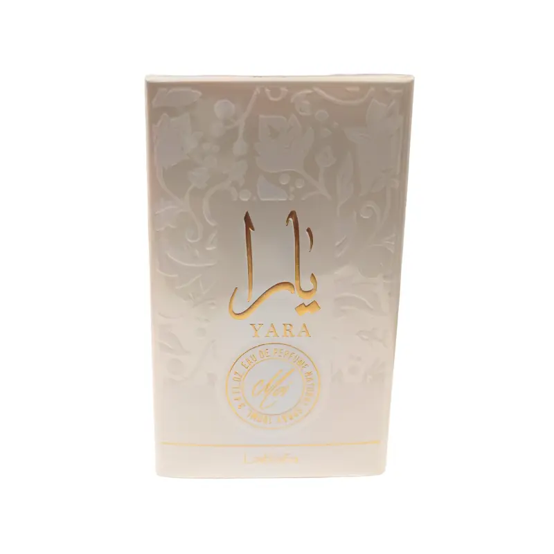 Perfume Lattafa Yara Moi, frasco rosa con detalles dorados.