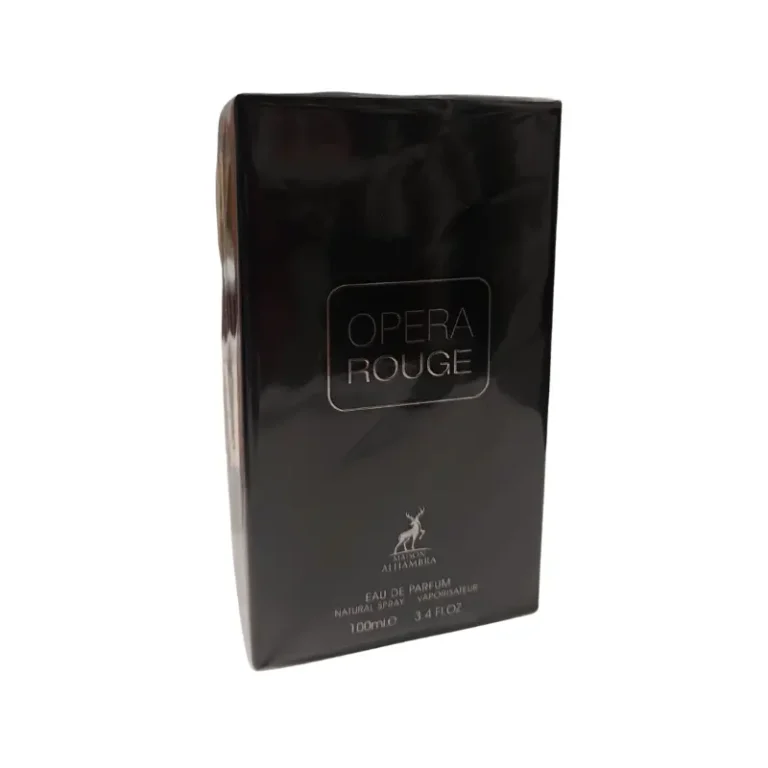 Perfume Maison Alhambra Opera Rouge, frasco rojo translúcido con elegancia dramática.