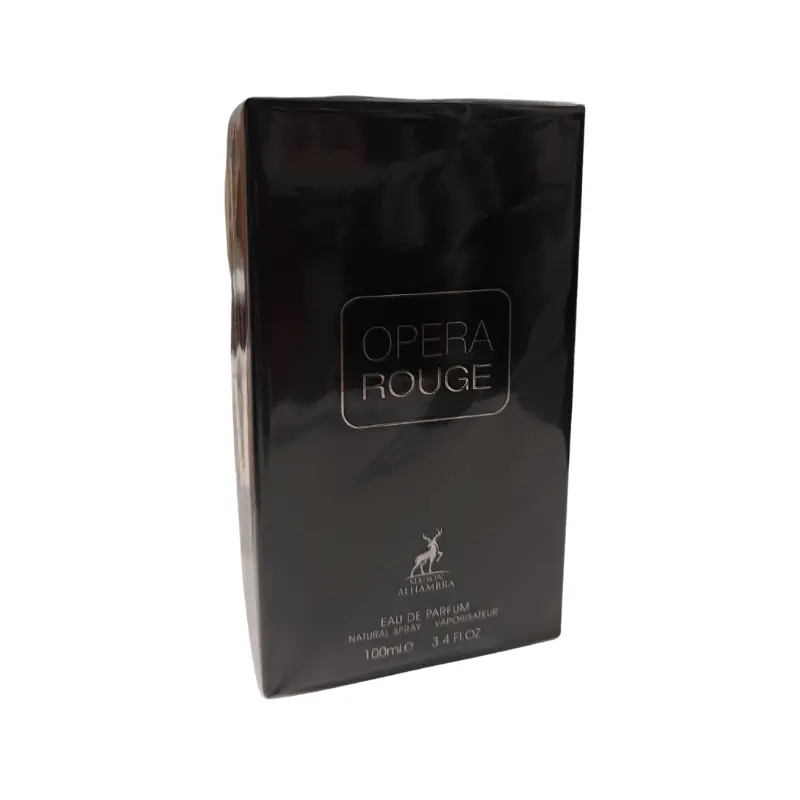 Perfume Maison Alhambra Opera Rouge, frasco rojo translúcido con elegancia dramática.